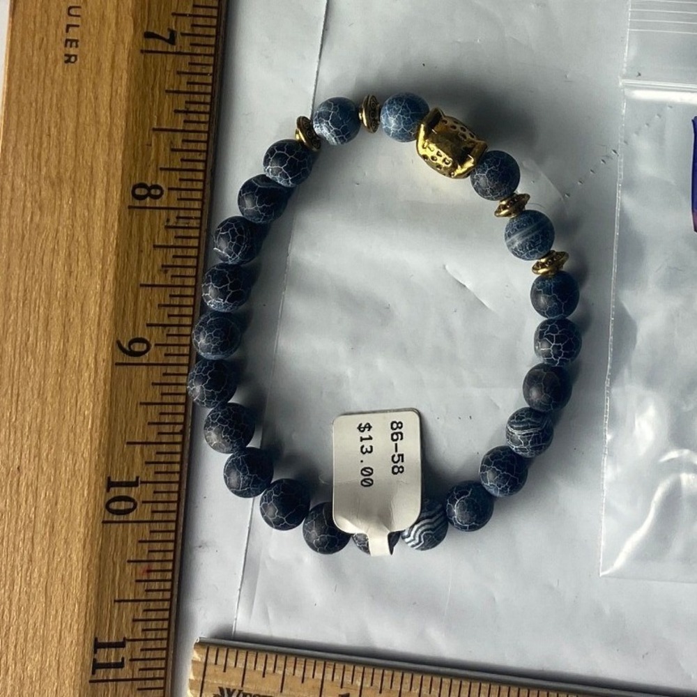Blue Beaded Stretch Bracelet with Gold tone Buddha‎ Charm